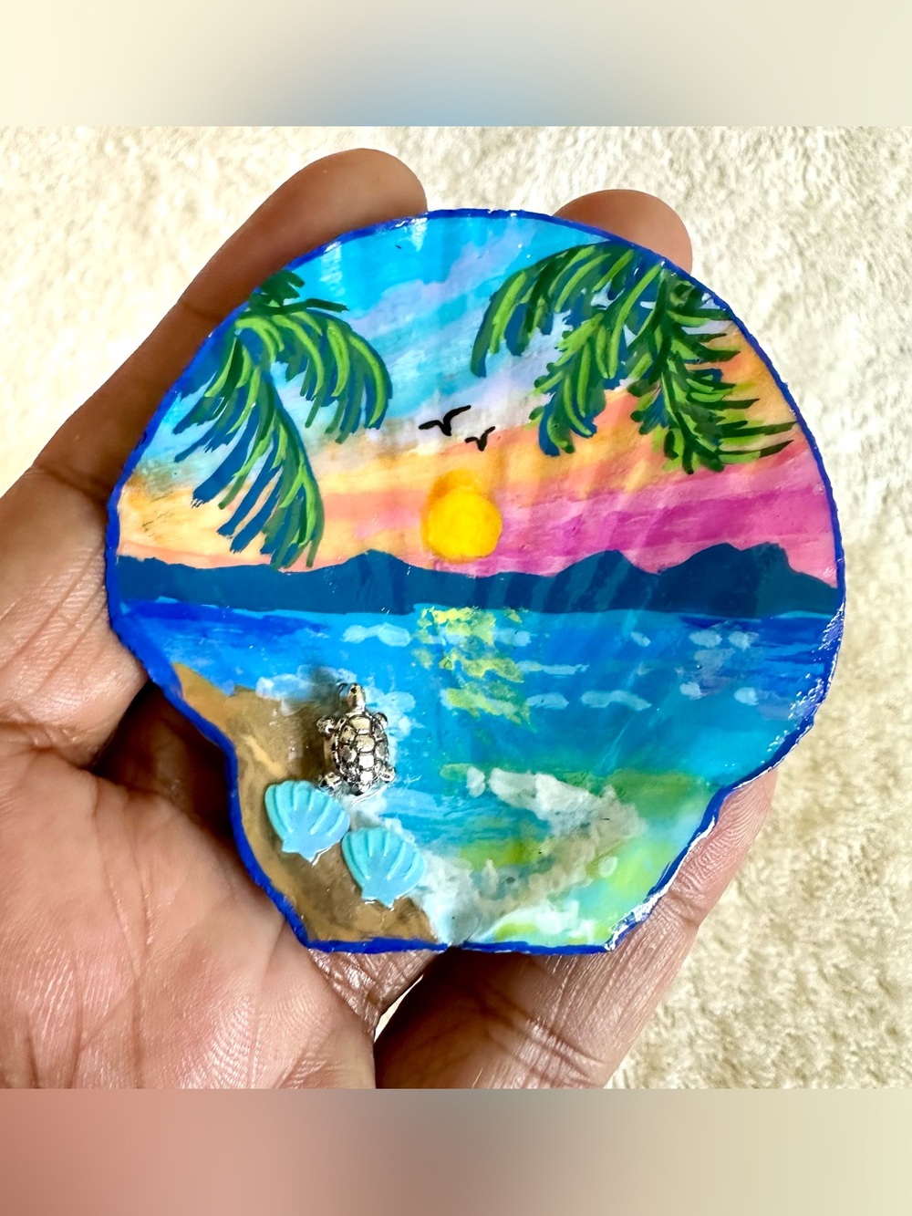 Hand Painted Tropical Beach Sunset Sea Turtle Seashell